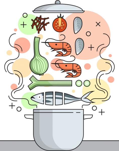 ikon makanan pot latar belakang makanan laut berwarna desain datar