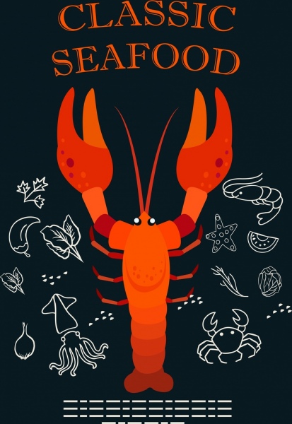 makanan laut background merah lobster ikon bahan sketsa