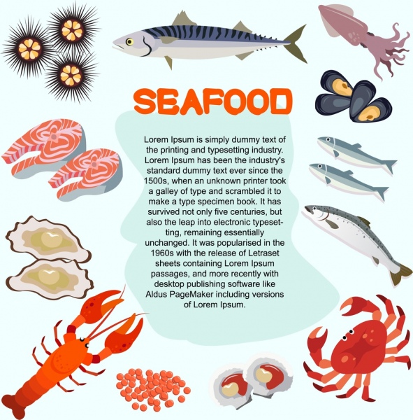 المأكولات البحرية شعار مختلف الأنواع الملونة رموز زخرفة