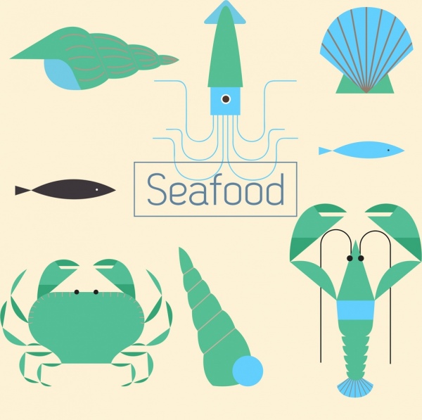 Seafood desain elemen biru hijau datar sketsa