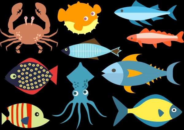 diseño plano de color oscuro de colección de iconos de mariscos