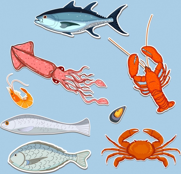 iconos de mariscos colección multicolor de papel cortado decoración