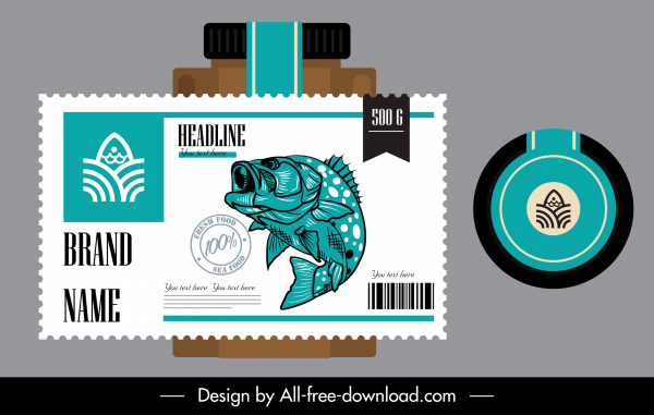 deniz ürünleri etiket şablonu düz tasarım klasik handdrawn dekor