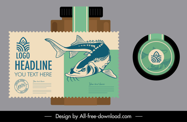 deniz ürünleri etiket şablonu handdrawn balık kroki vintage tasarım