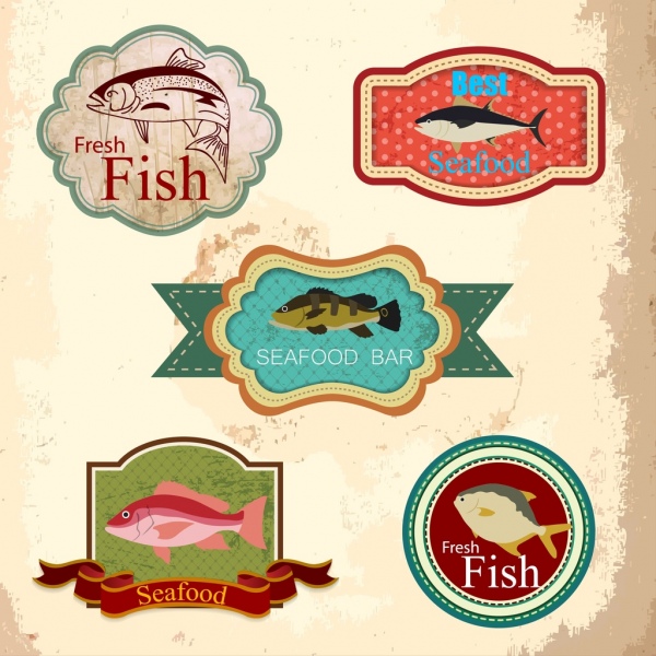 Seafood label koleksi berbagai bentuk retro isolasi