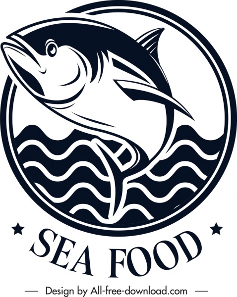 Frutos do mar logotipo peixes ícones do mar preto branco clássico