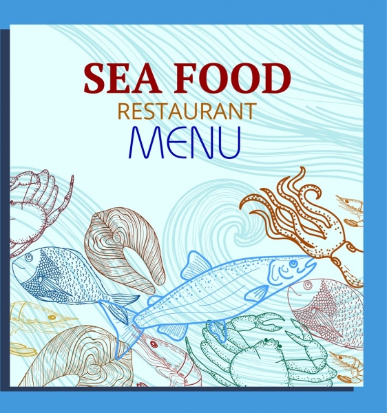 海鲜菜单封面模板物种图标一手拉素描