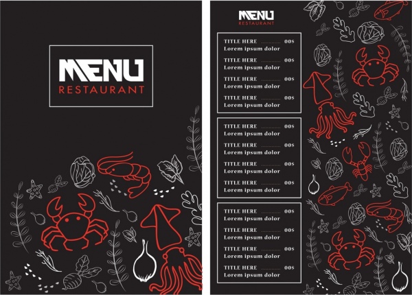 Seafood menu template desain gelap spesies ikon sketsa
