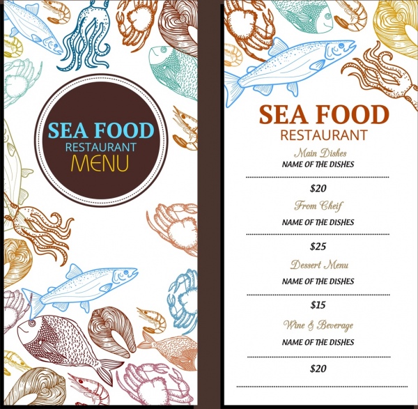 modello di menu di pesce varie specie marine icone arredamento