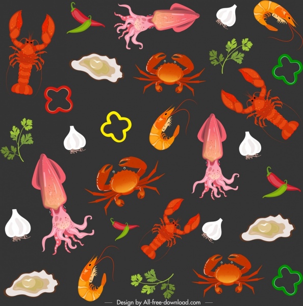 pola makanan laut gelap dekorasi warna-warni mengulangi ikon
