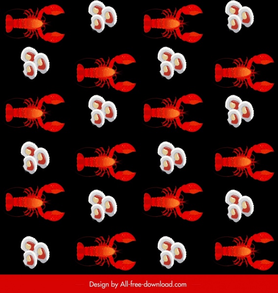 frutos do mar padrão lagosta ostras ícones escuro repetição decoração