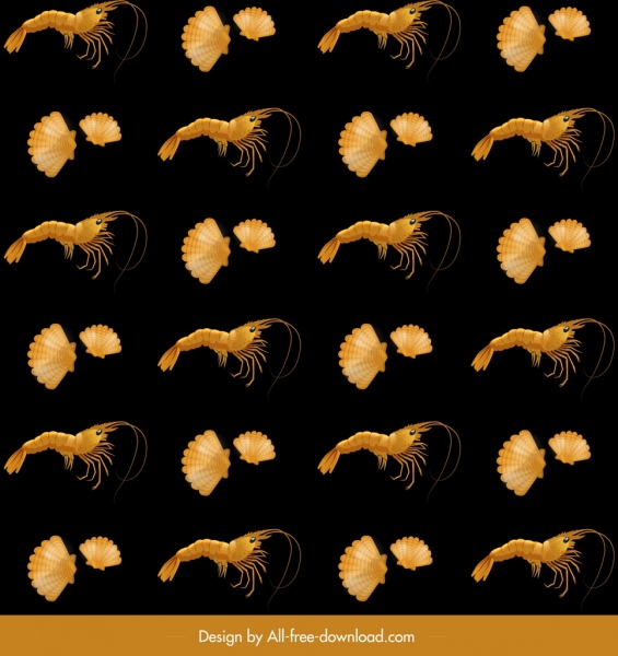 patrón de mariscos camarones conchas los iconos oscuros repetición decoración