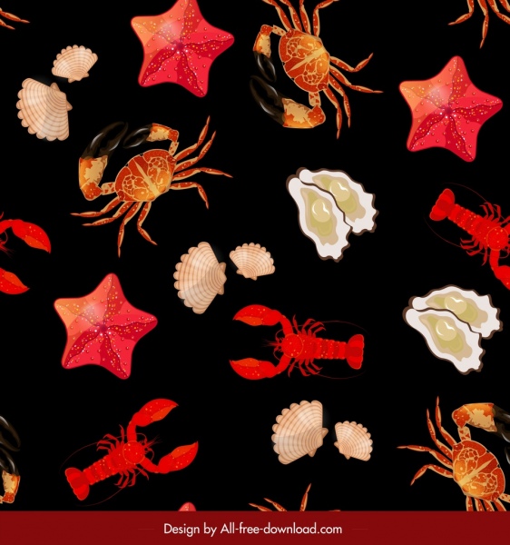 Padrão de frutos do mar estrela do mar ostra caranguejo shell lagosta ícones
