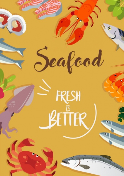 cartaz de frutos do mar colorido decoração de ícones de espécies marinhas
