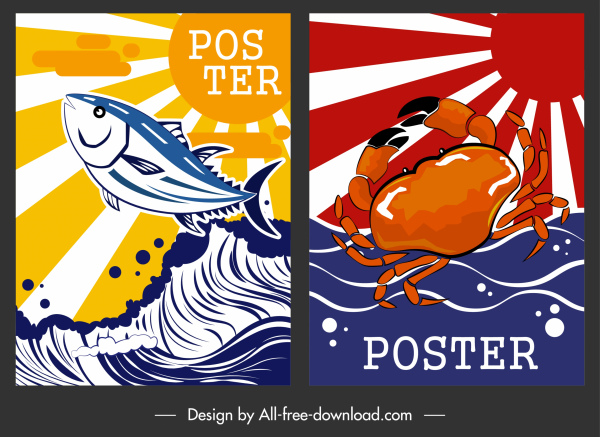 Hải sản poster cá cua phong cách trang trí cổ điển biểu tượng đầy màu sắc
