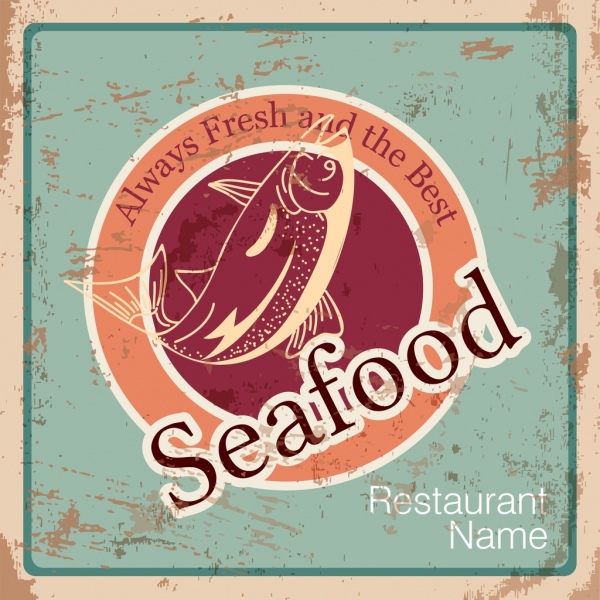 مطعم المأكولات البحرية الإعلان الجرونج تصميم ريترو رمز السمك