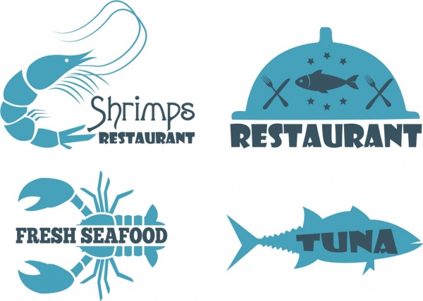 frutos do mar restaurante logotipo azul plana design espécies ícones