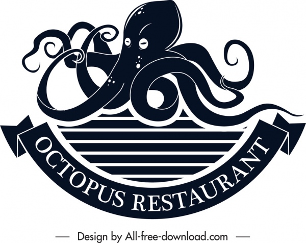 Deniz Ürünleri Restoran Logosu Ahtapot Simgesi Siyah Beyaz Kroki