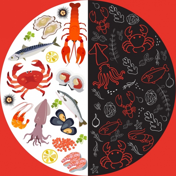 latar belakang seafoods tata letak lingkaran warna-warni