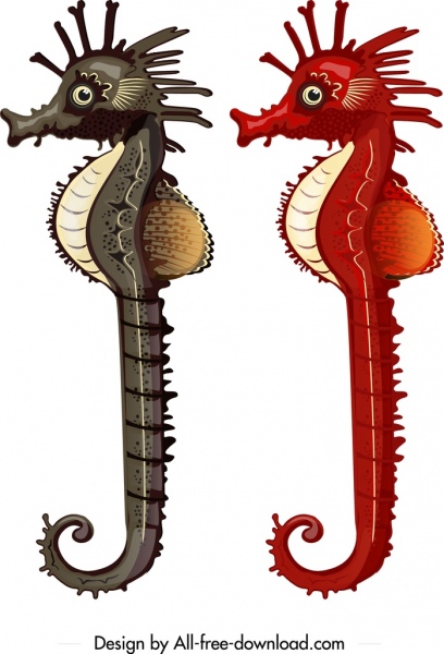 hippocampe icônes noir décor rouge dessin animé personnage croquis