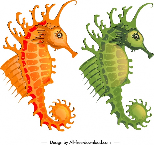Seahorse ikon mockup desain orange hijau sketsa
