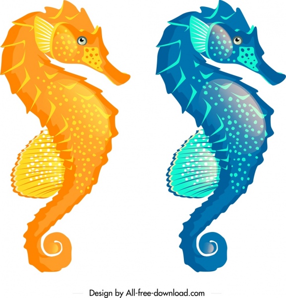 Seahorse ícones mockup design brilhante amarelo azul decoração