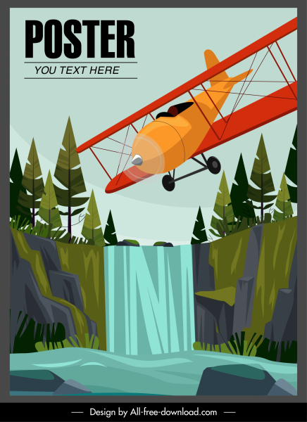 poster iklan pesawat amfibi flying sketsa desain warna-warni