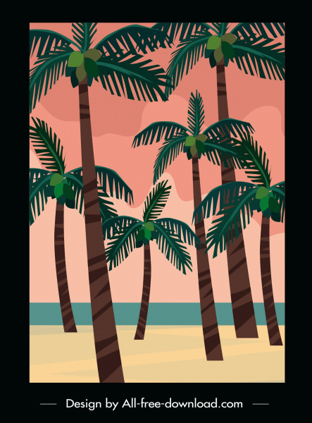 pemandangan pantai lukisan pohon kelapa sketsa desain retro