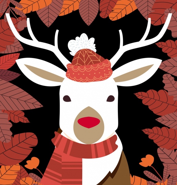 ícone de renas estilizado sazonal fundo vermelho folhas decoração