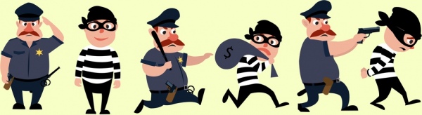 elementos de design de segurança ícones de ladrão de polícia design desenho animado