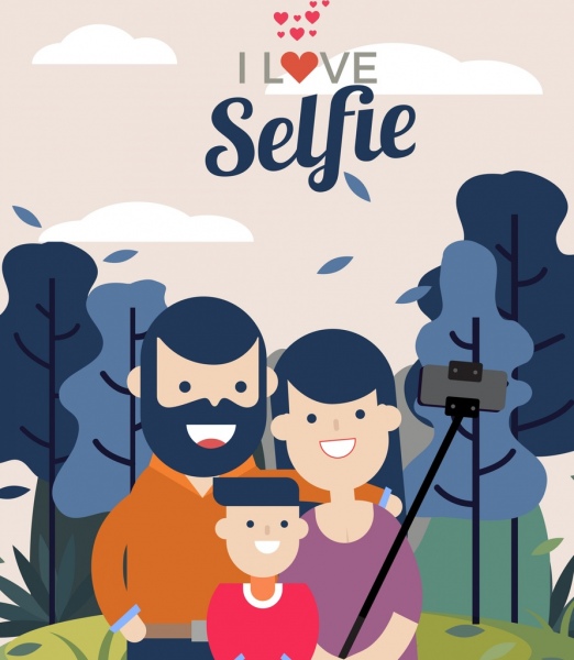 selfie banner happy family icon kartun berwarna