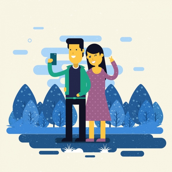 selfie menggambar kartun berwarna ikon pasangan bahagia