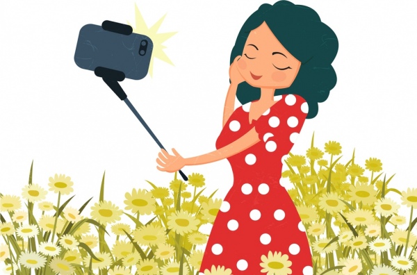 Selfie Frau Smartphone Symbole farbige Karikatur Zeichnung