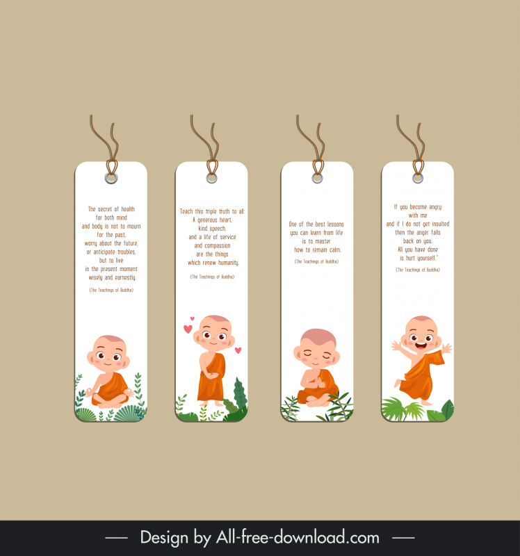 4 개의 책갈피 템플릿 귀여운 아기 승려의 만화 디자인 세트