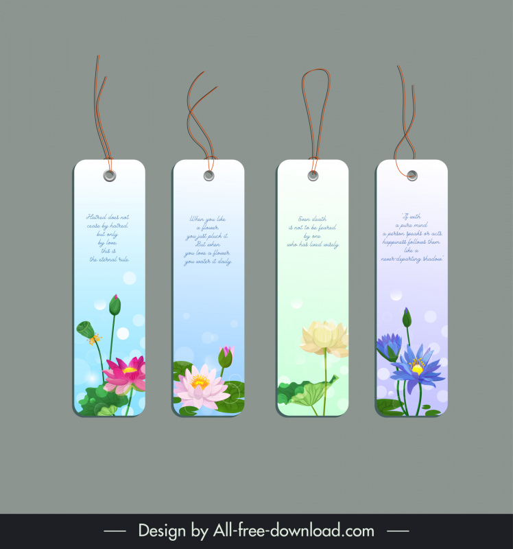 4つのブックマークテンプレートのセットエレガントな咲く蓮の花の装飾