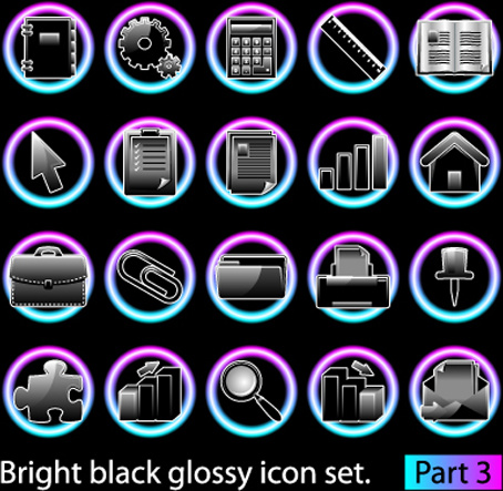 明るい黒の光沢のあるアイコン ベクトルのセット