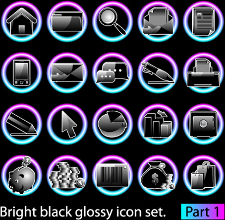 set ikon glossy terang hitam vektor