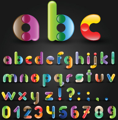insieme di alfabeto variopinto e numeri disegno vettoriale