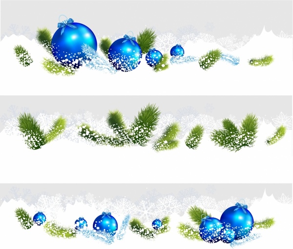 conjunto de três fronteiras de Natal com enfeites azuis e ramos