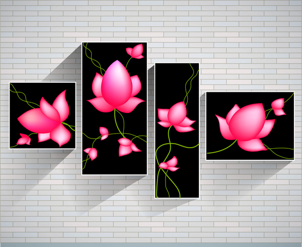 Sets Of Pink Lotus Paintings On Brickwall Background