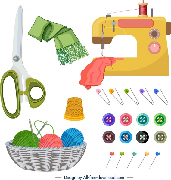 elementi di progettazione di lavoro di cucito icone macchine utensili colorate