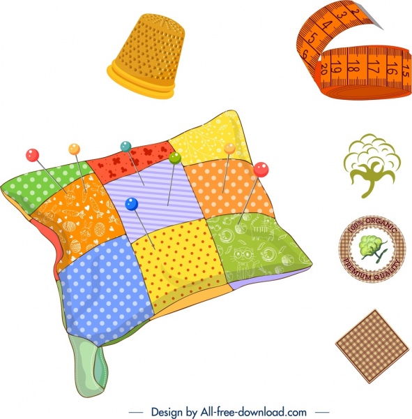 바느질 작업 디자인 요소 다채로운 도구 제품 아이콘