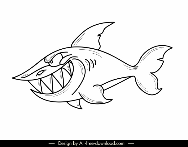 ícone de tubarão personagem de desenho animado preto branco hanndrawn design