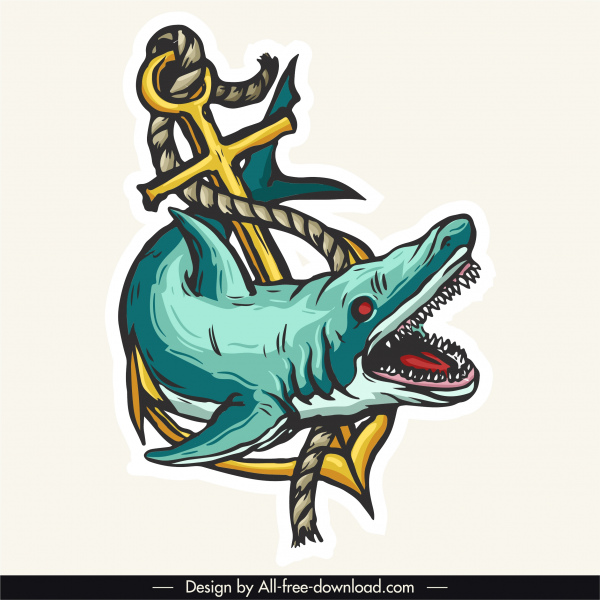 ícone de tatuagem de tubarão âncora decoração corda assustador design assustador