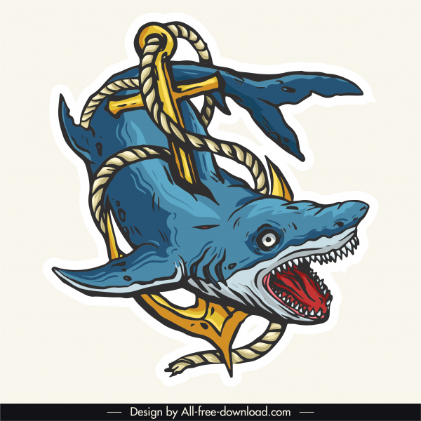 köpekbalığı dövme simgesi renkli retro korkutucu eskiz