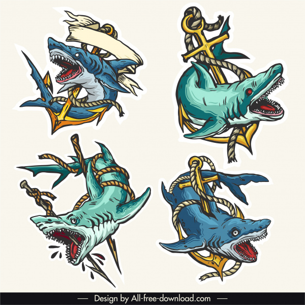 ikon tato hiu warna-warni desain kekerasan dinamis