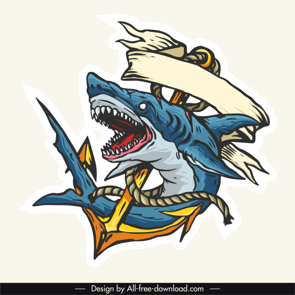 modelo de tatuagem de tubarão colorido dinâmico desenhado à mão 3d esboço