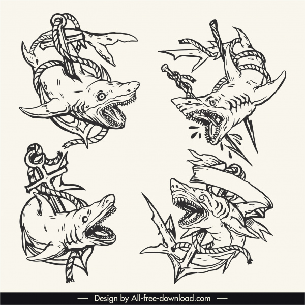 templat tato hiu sketsa handdrawn dinamis yang menakutkan