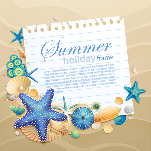 vetor de elementos de quadro de conchas e starfishe férias