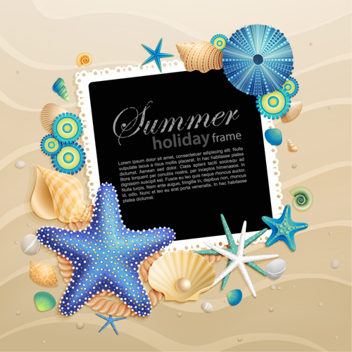 vetor de elementos de quadro de conchas e starfishe férias